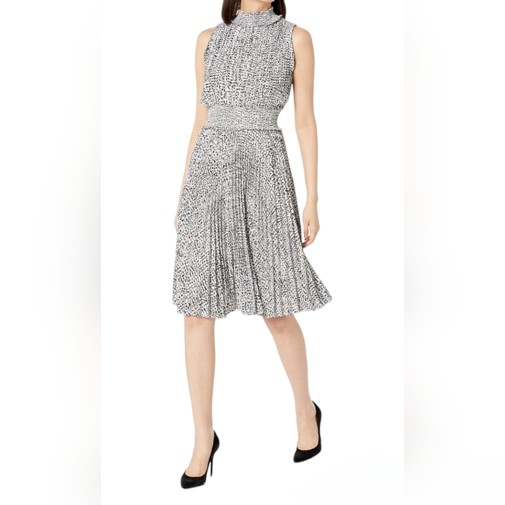 Nanette Lepore Pleated Dress Black White Shirted Waist Collar Halter Size 6